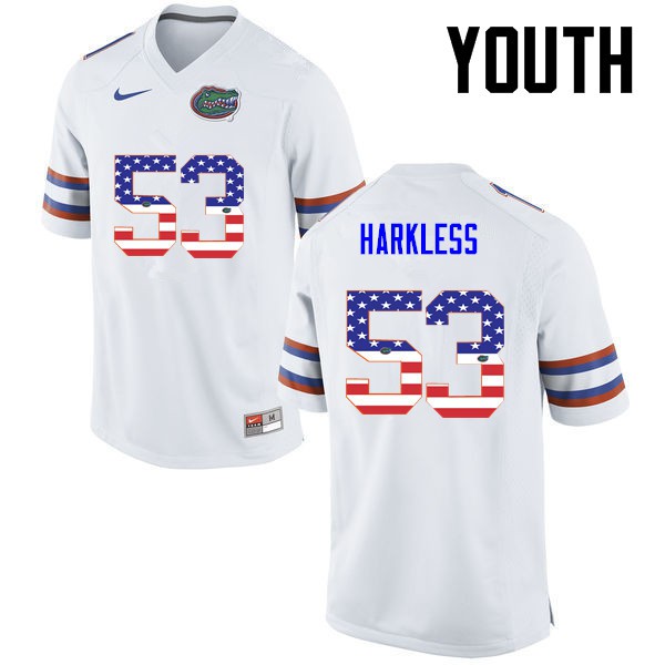 Florida Gators Youth #53 Kavaris Harkless College Football USA Flag Fashion White